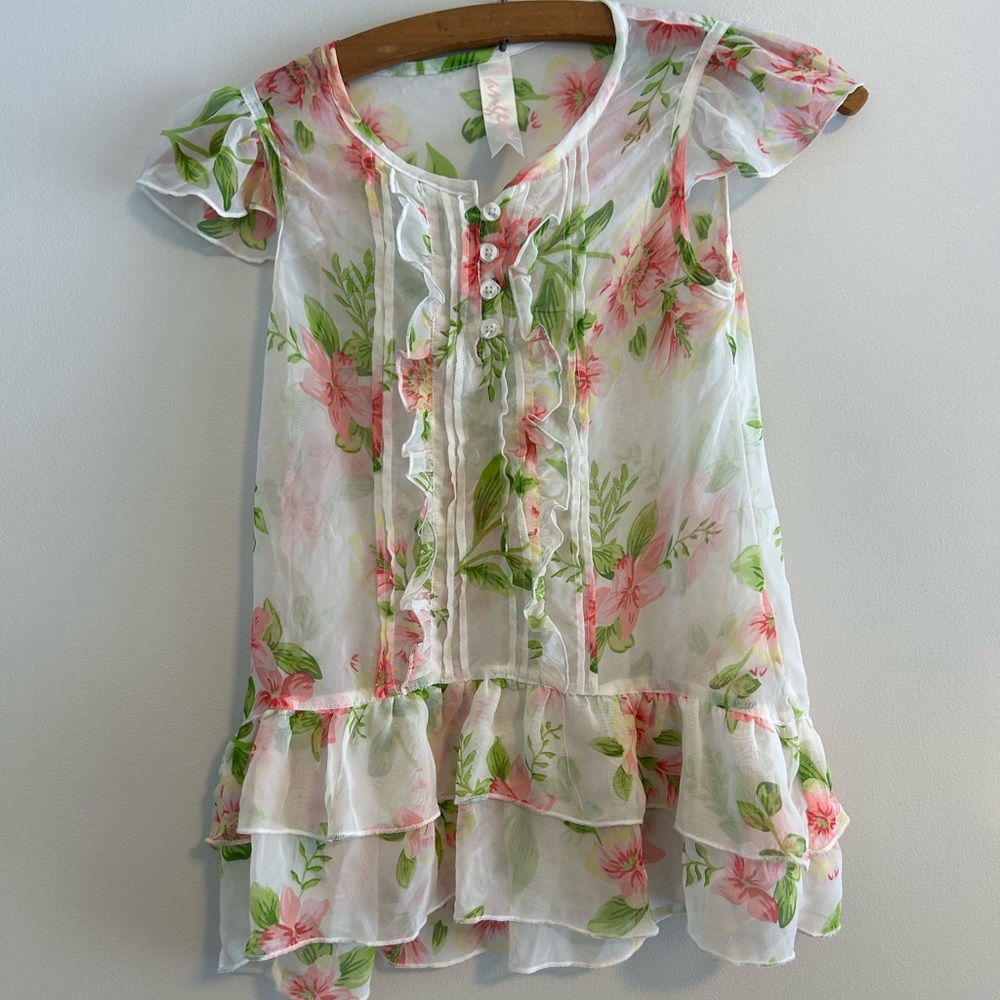 Tangerine girls 8 Pink and Green Floral sheer short sleeve Dress